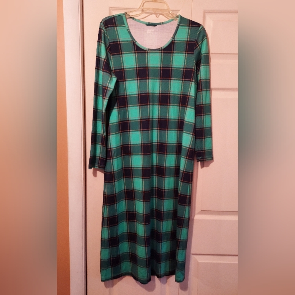Lands End Cotton Peru Knit Midi Maxi T Shirt Dress Green Plaid XS 2-4 Preppy